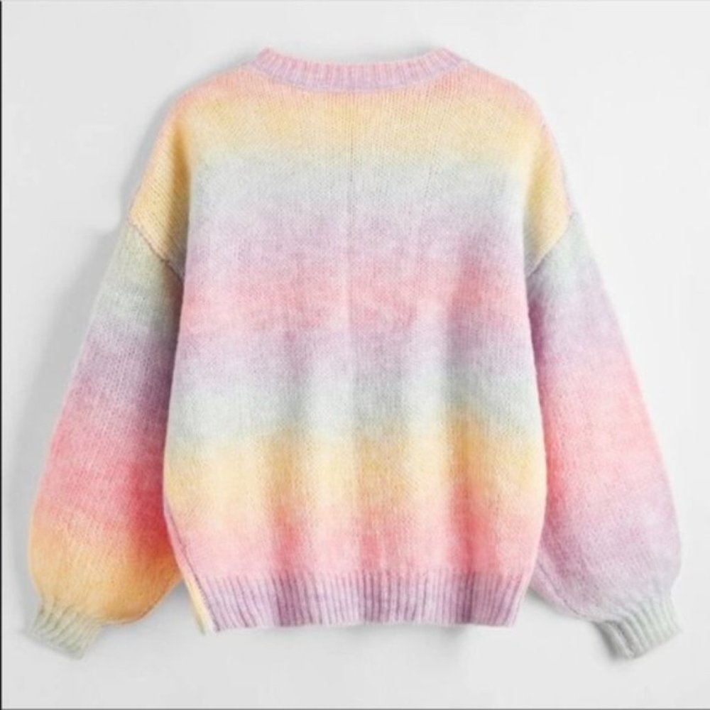 Multi Cable Knit Tie Dye Drop Shoulder Ombre Sweater Sz L New - Picture 3 of 4